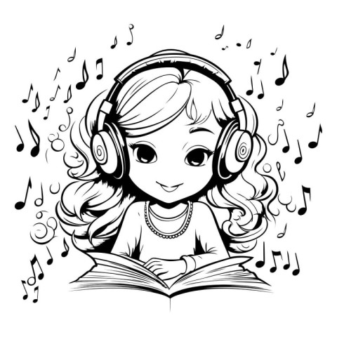 Girl listening to music with headphones and a book. Vector illus