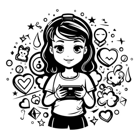 Cute little girl playing games on smartphone. Vector cartoon ill