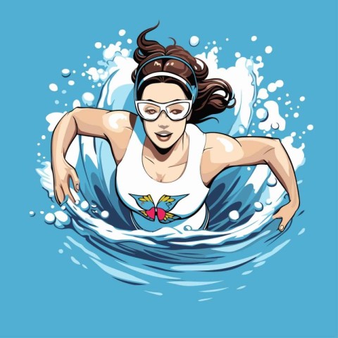 Surfer girl on the wave. Vector illustration. Isolated on blue b