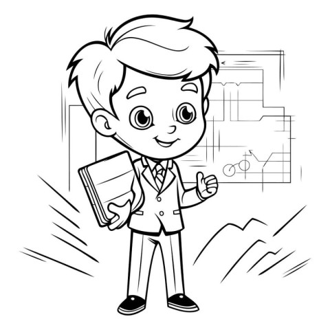 Vector illustration of cartoon school boy holding book and showi