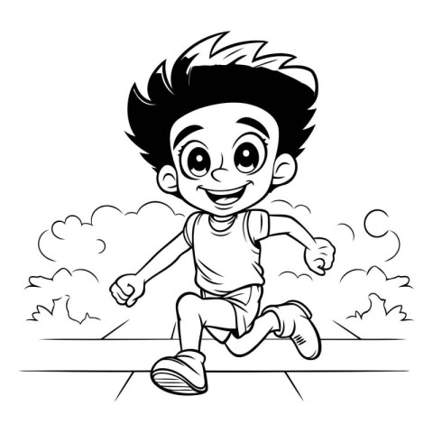 Boy running in the park. black and white vector cartoon illustra