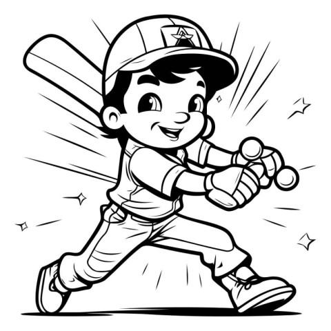 Black and White Cartoon Illustration of Kid Baseball Player or S