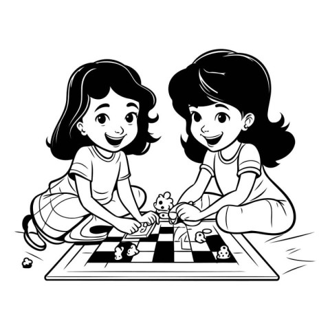 Children playing chess. Black and white vector illustration for