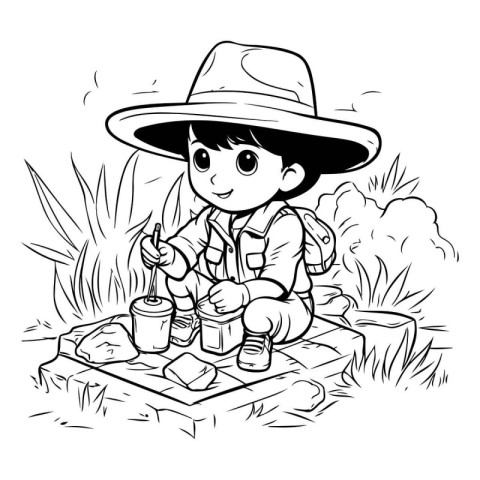 Boy in a hat sitting on a picnic in the meadow. coloring book