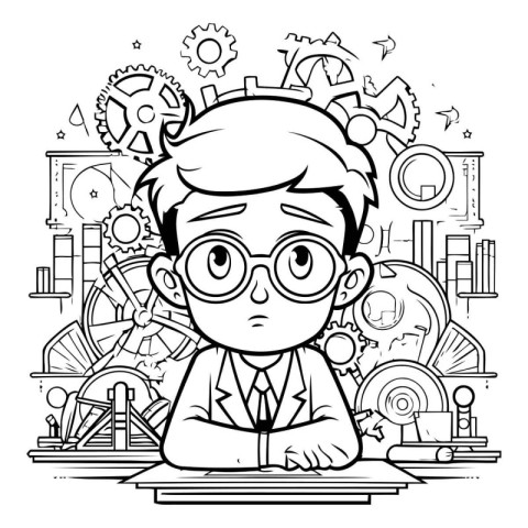 Coloring book for children: boy with glasses sitting at the type