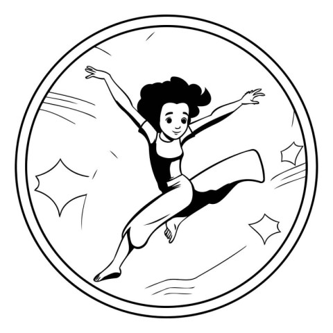 Black and white illustration of a girl jumping in a circle with