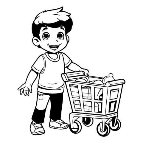 Boy with shopping cart cartoon vector illustration graphic desig