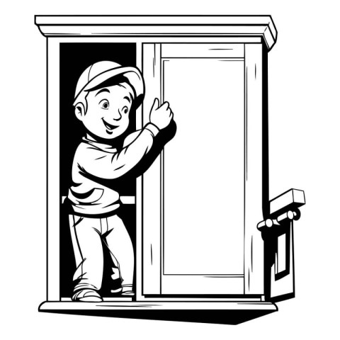 Vector illustration of a boy in a cap and gloves opening the doo