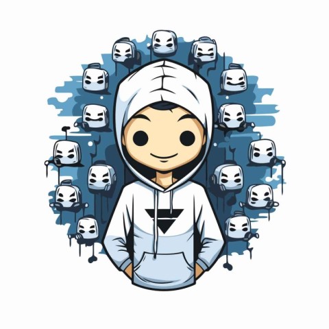 Vector illustration of a boy in a white hoodie with a lot of car