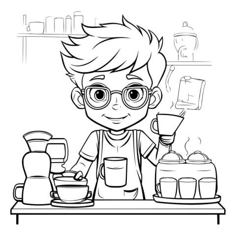 Cute boy with glasses and apron in cafe. Vector illustration.