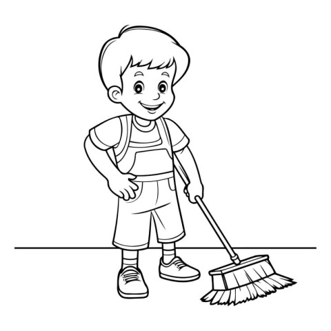 Outline of a boy sweeping the floor with a broom. Vector illustr