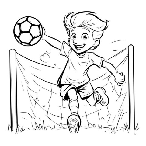 Boy playing soccer. Black and white vector illustration for colo