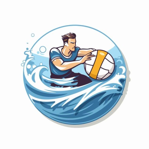 Water polo player with a ball on the wave. Vector illustration.