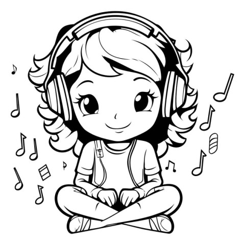 Cute Cartoon Girl Listening to Music with Headphones - Coloring