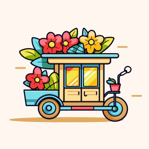 Coffee cart with flowers. Vector illustration in flat style.