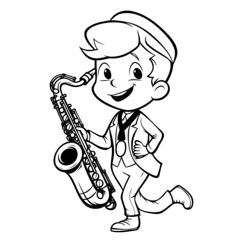 Boy playing the saxophone - Black and White Cartoon Illustration