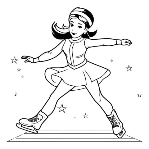 Teenager girl practicing figure skating. Black and white vector