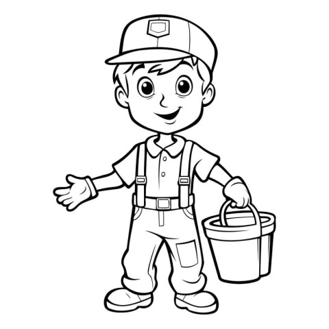 Black and White Cartoon Illustration of Cute Little Boy Dressed