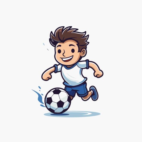 Cartoon soccer player running and kicking the ball. Vector illus