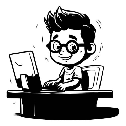 Vector illustration of a boy with glasses working on a computer