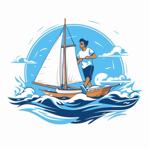 Sailing man on a sailboat in the sea. Vector illustration