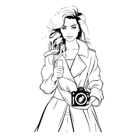 Beautiful girl with a camera. Black and white vector illustratio