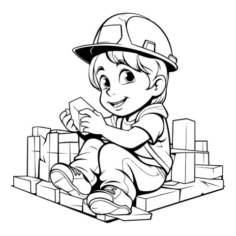 Black and White Cartoon Illustration of Cute Little Boy Builder