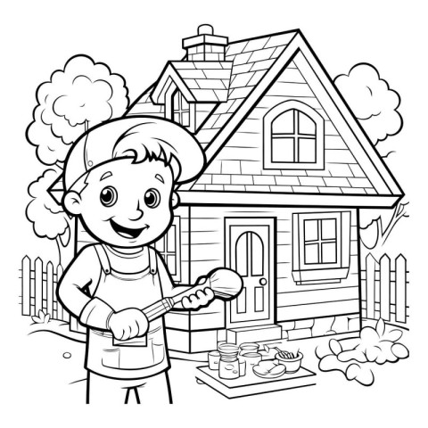 Black and White Cartoon Illustration of Little Boy Building a Ho