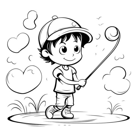 Boy playing golf - black and white vector illustration for color