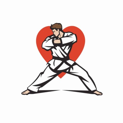 Karate man with a red heart. Vector illustration on white backgr