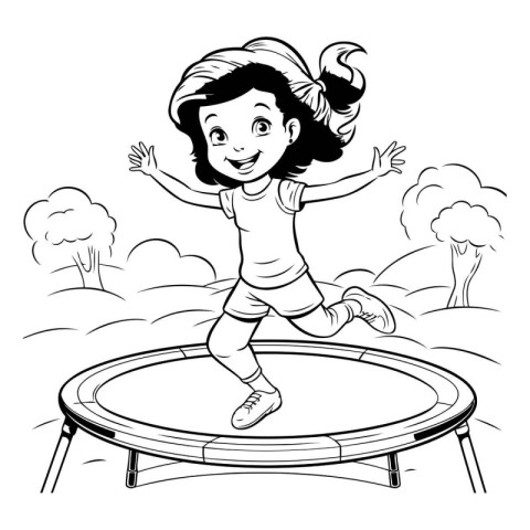 Little girl jumping on a trampoline. Black and white vector illu