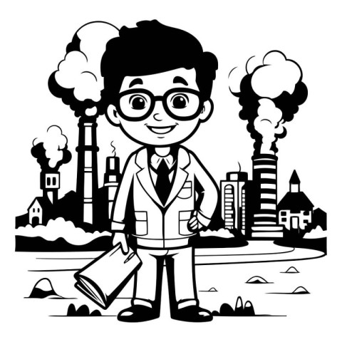 cartoon scientist man with science tube and cityscape vector ill