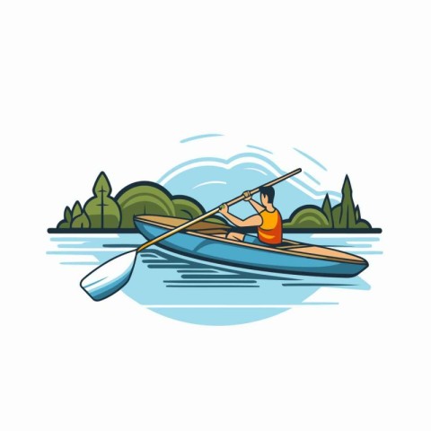 Kayaking vector illustration. Canoeing on the lake. Flat design.