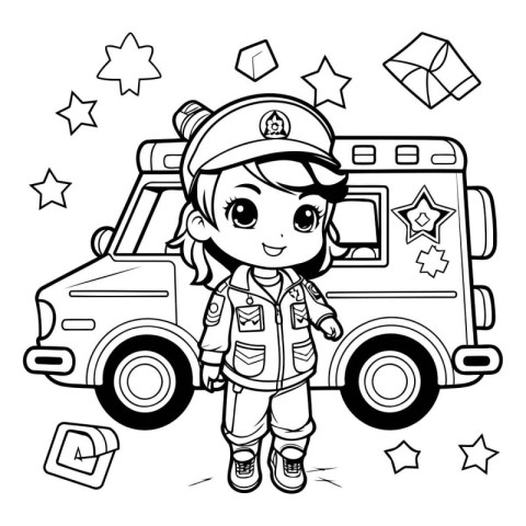 Black and White Cartoon Illustration of Cute Little Girl Astrona