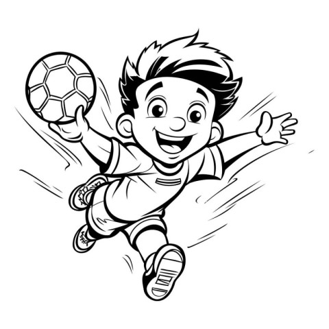 Cartoon soccer player jumping and kicking the ball. Vector illus