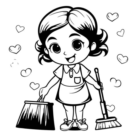 Black and White Cartoon Illustration of Cute Little Girl Holding