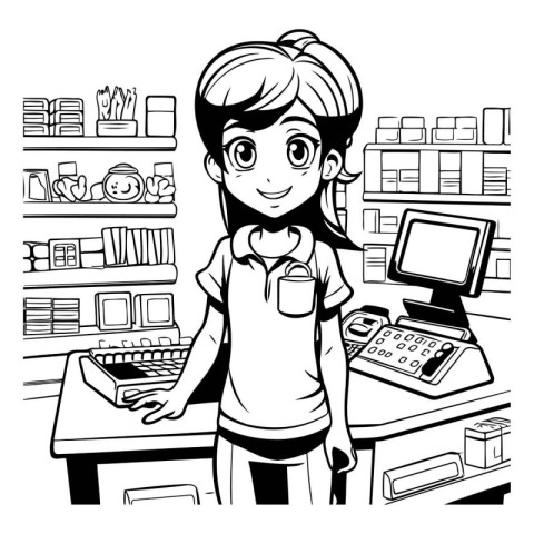 Girl in the office. Black and white vector illustration for colo