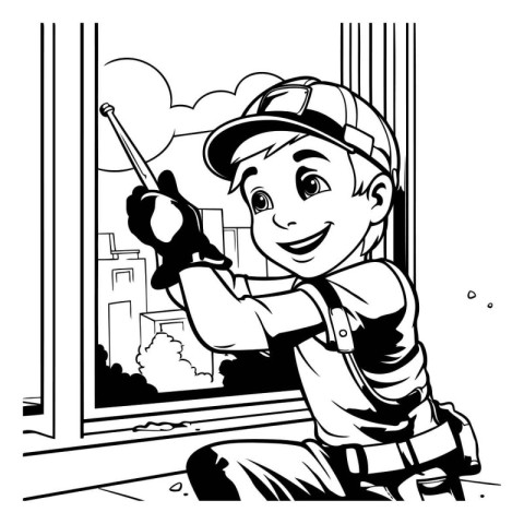 Illustration of a Kid Boy Wearing a Construction Helmet Holding