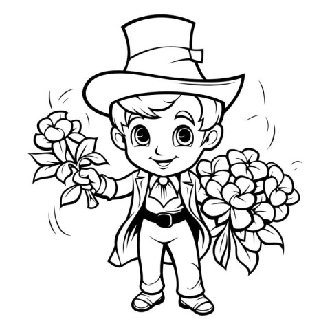 Black and White Cartoon Illustration of Kid Boy with Flowers for