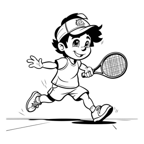 Illustration of a Little Boy Playing Tennis - Colored Cartoon St