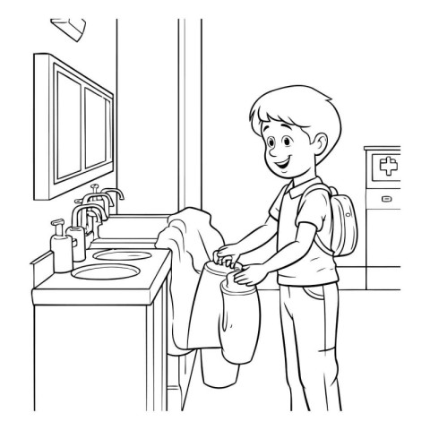 Boy washing his hands in the bathroom black and white vector ill