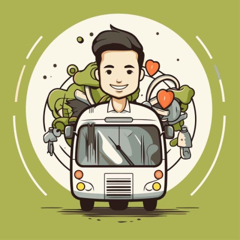 Biker with a backpack on his back riding a bus. Vector illustrat