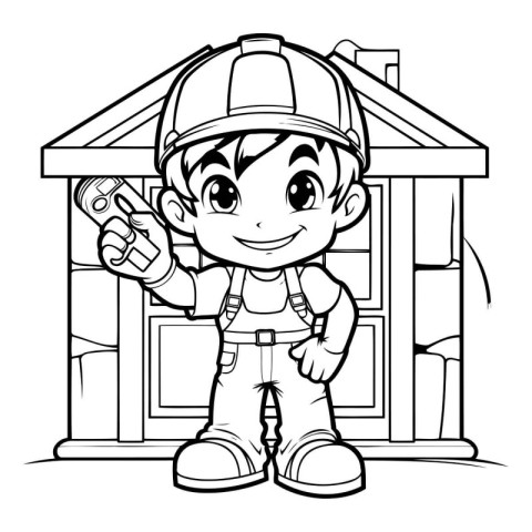 Black and White Cartoon Illustration of Cute Little Boy Construc