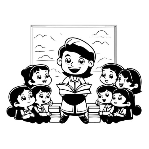 cute little kids reading book cartoon vector illustration graphi