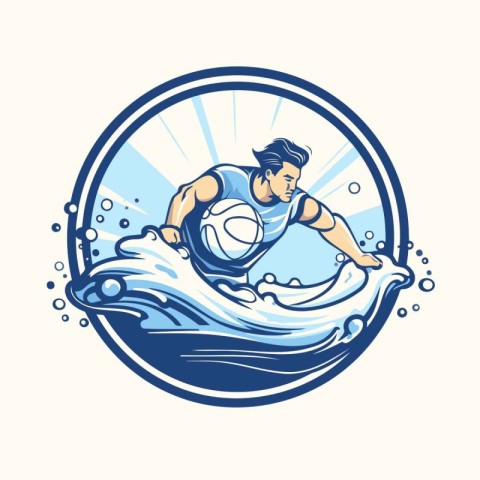 Vector illustration of a rugby player with ball on the wave view