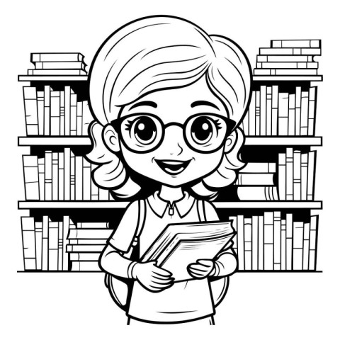 Cute schoolgirl with glasses and books in library cartoon vector