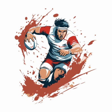 Rugby player with a ball in action. Vector illustration.