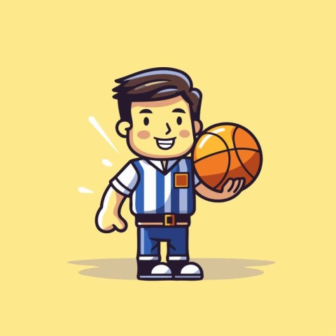 Basketball player cartoon character with ball. Vector illustrati