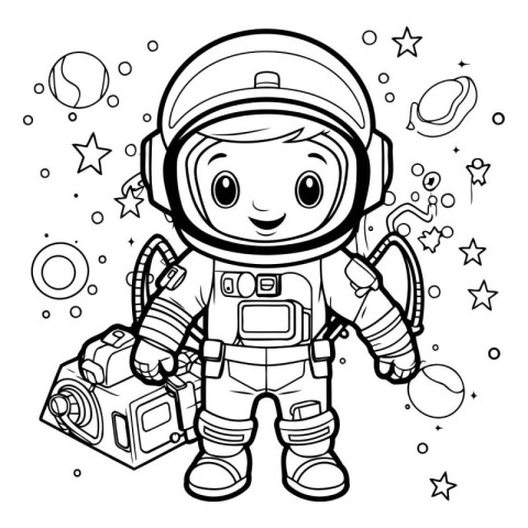 Cartoon astronaut with camera. Vector illustration. Coloring boo