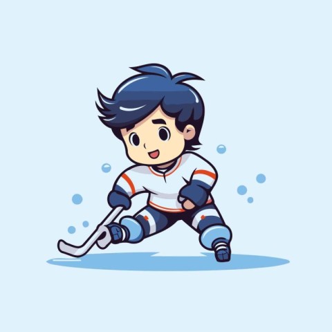 Cute boy playing ice hockey. Vector illustration. Cartoon style.